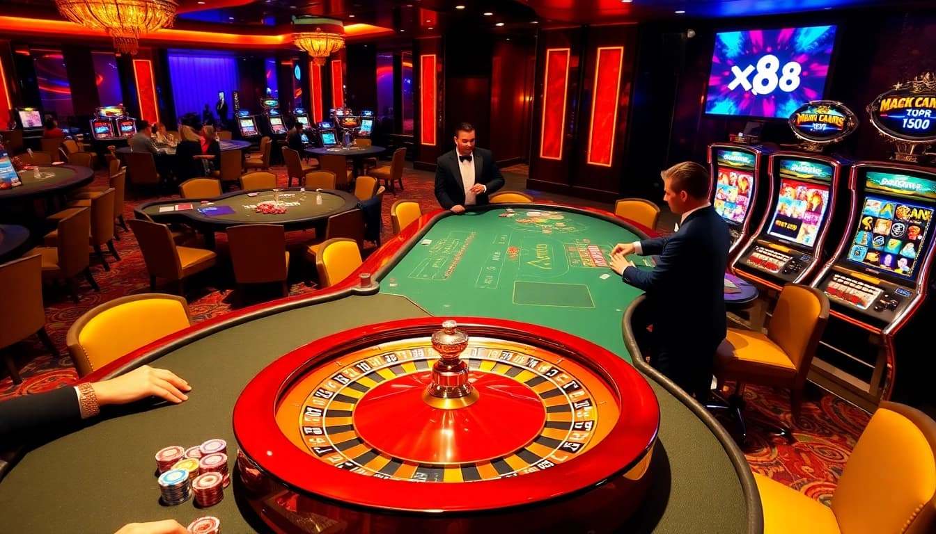 Players enjoying games at the luxurious xx88 casino, featuring vibrant tables and engaging slot machines.