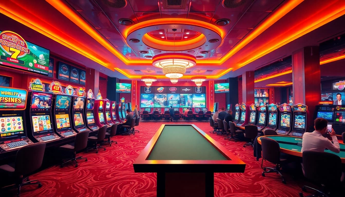 Experience the excitement of 77win's online gaming casino atmosphere with vibrant screens and engaging games.