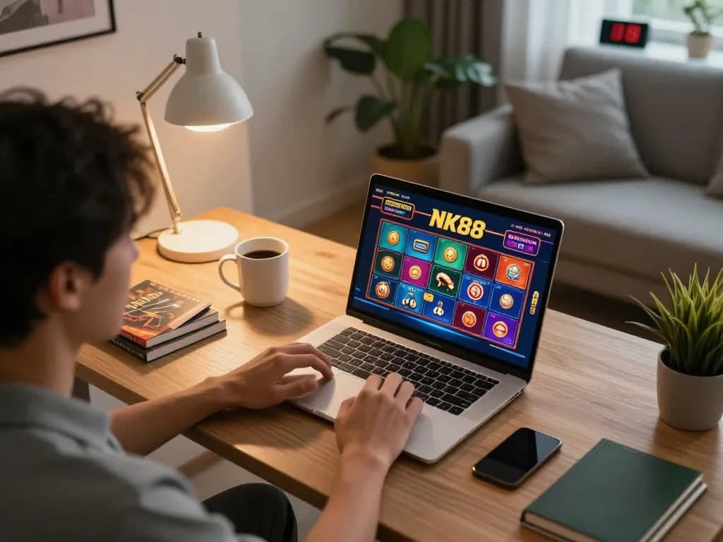 NK88 online gaming setup showcasing vibrant graphics and a cozy atmosphere for responsible gambling