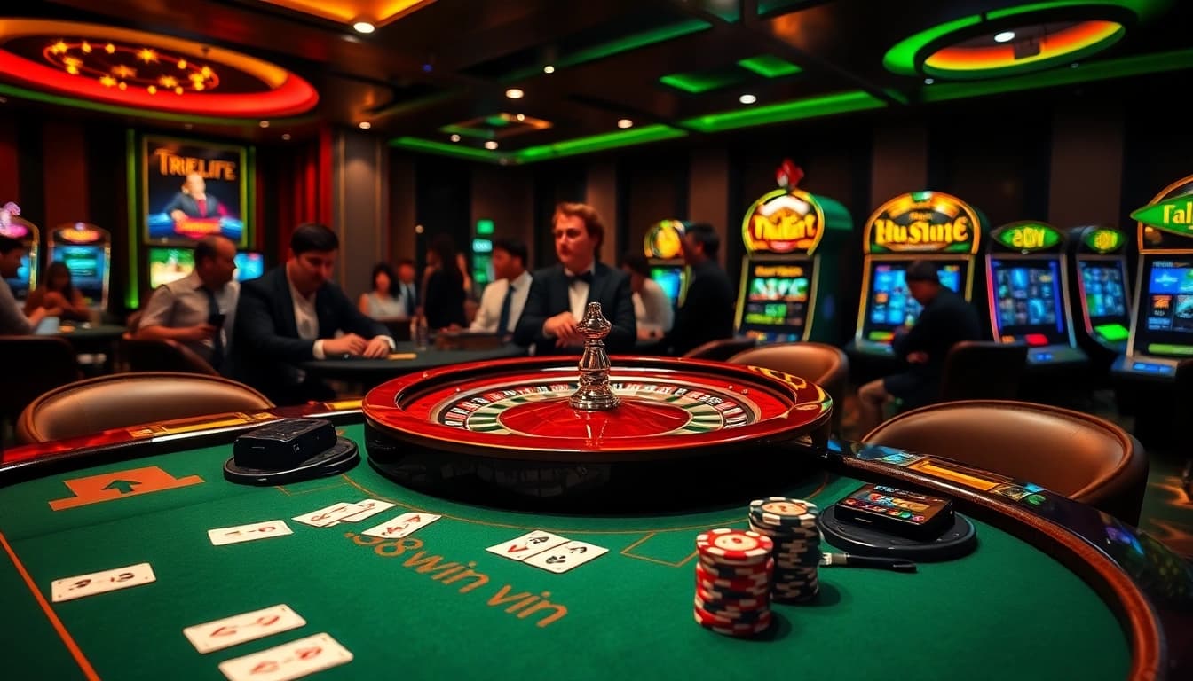Exciting poker action at 98win vin casino with professional players, cards, and chips.