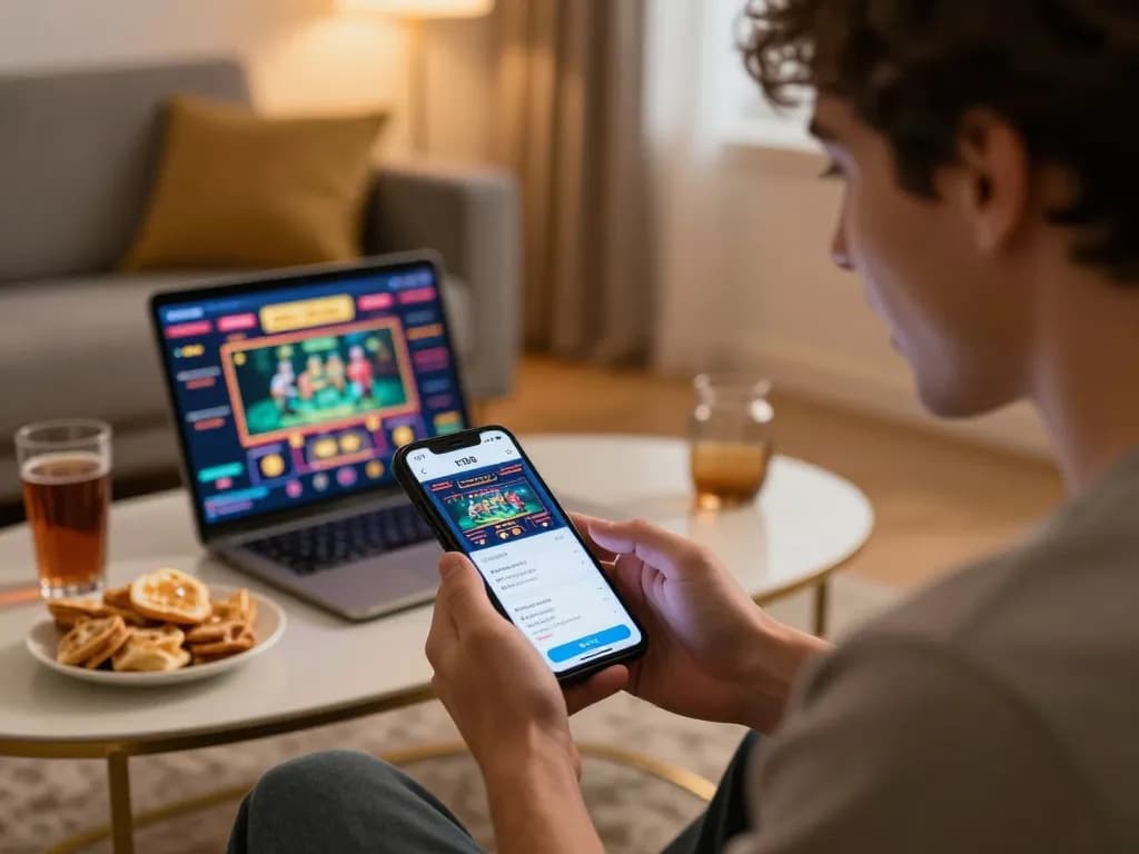 Engaging with tr88 đăng ký on mobile device while enjoying a cozy home gaming atmosphere