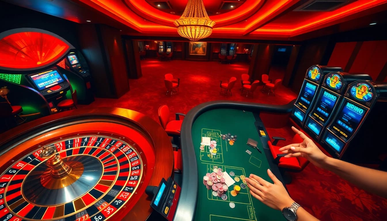 Experience the excitement of leci123 with players enjoying poker and roulette in a luxurious casino.