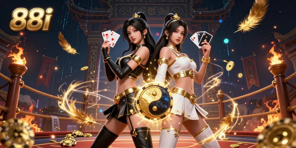Experience 88i's thrilling casino action with stunning twin Asian women showcasing their card skills in a vibrant 3D illustration.