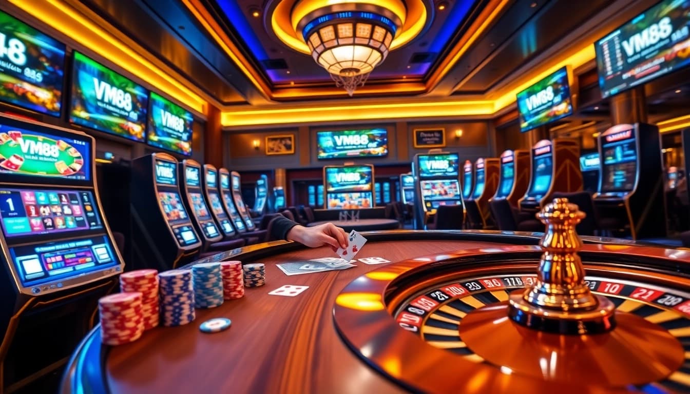 Professional gambler placing chips at VM88 poker table with sleek digital casino interface