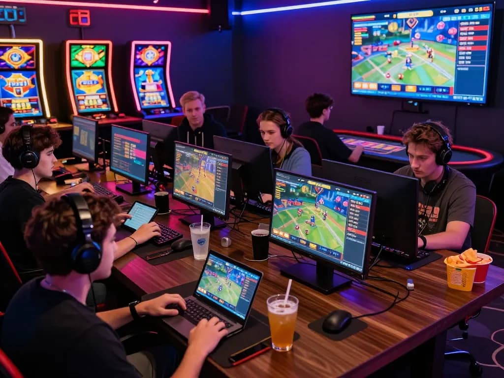 B52 Club gaming atmosphere with players engaging in vibrant online games on laptops and tablets, showcasing excitement and community.