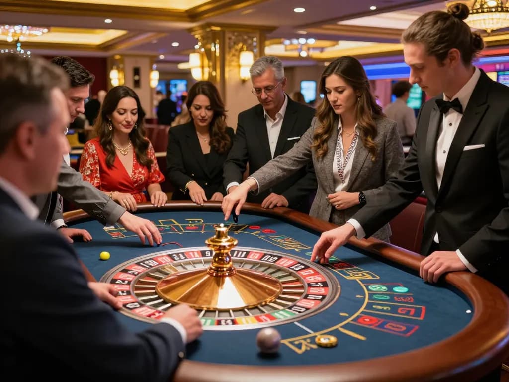Experience thrilling gameplay at taixiusunwin.art with diverse players betting at a roulette table in a vibrant casino.