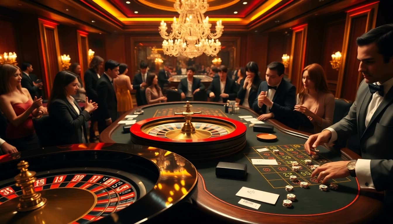 KQBD - Engaging gamblers at a vibrant casino table filled with roulette, cards, and chips.