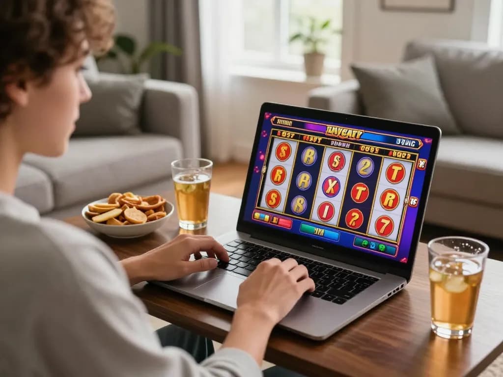 Orang yang menikmati sesi permainan dinamis di KING55, menampilkan grafik slot yang cerah dan camilan.