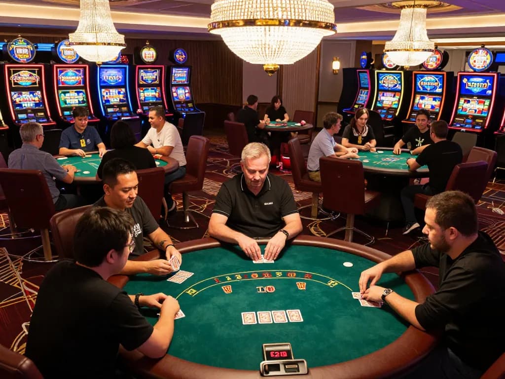 Exciting gameplay at qtr88 casino with players engaged at poker tables and vibrant slot machines.