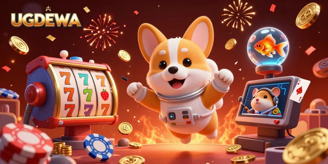 Engage in thrilling casino action with UGDEWA's vibrant characters and floating slot reels in an animated space setting.