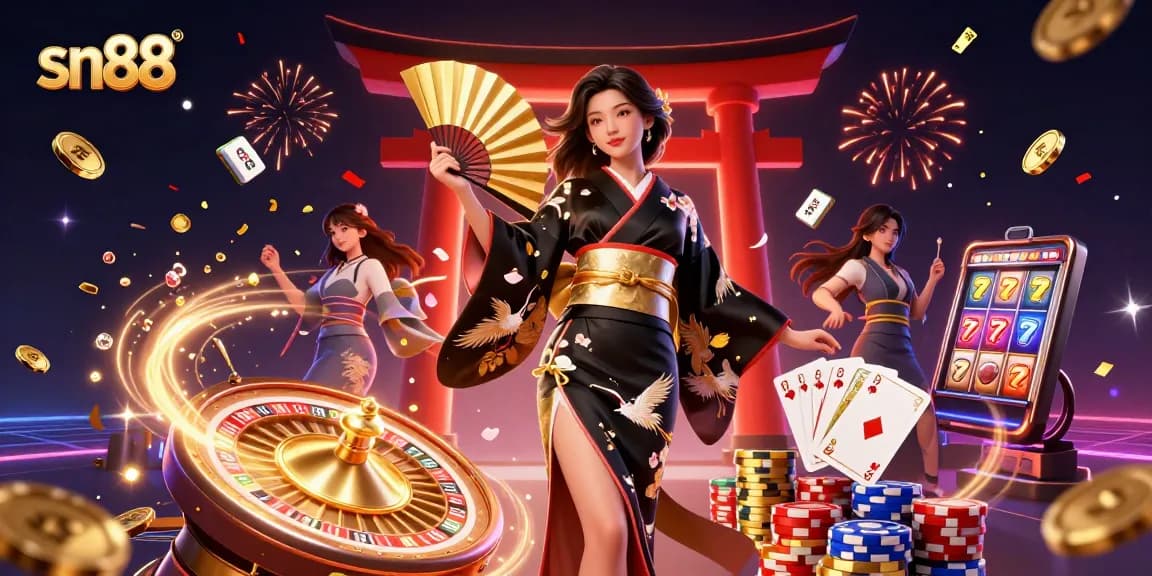 Experience thrilling gameplay at sn88 with a stunning illustration of a casino scene featuring a dynamic woman in traditional attire.