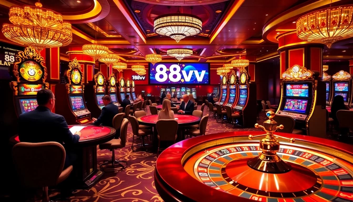 Experience the excitement of 88vv with players enjoying high-stakes gambling at casino tables.