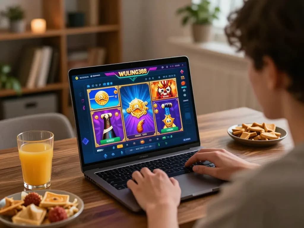 Memainkan permainan online WULING388 yang menarik dari rumah dengan laptop, menunjukkan gameplay modern.