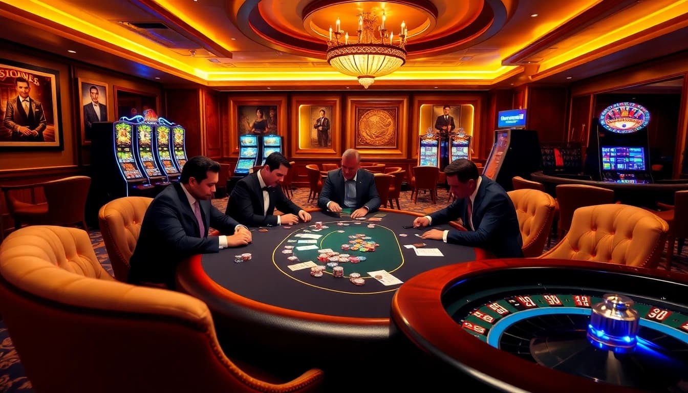 Participating in high-stakes poker at https://rr88k1.com/ with vibrant slot machines and roulette wheels.