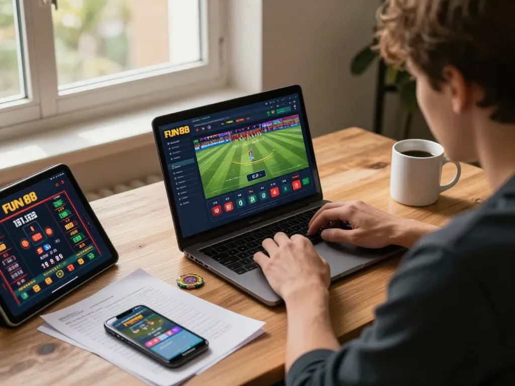 Player analyzing odds on Fun 88 sports betting app in cozy home office, enhancing strategic gameplay.