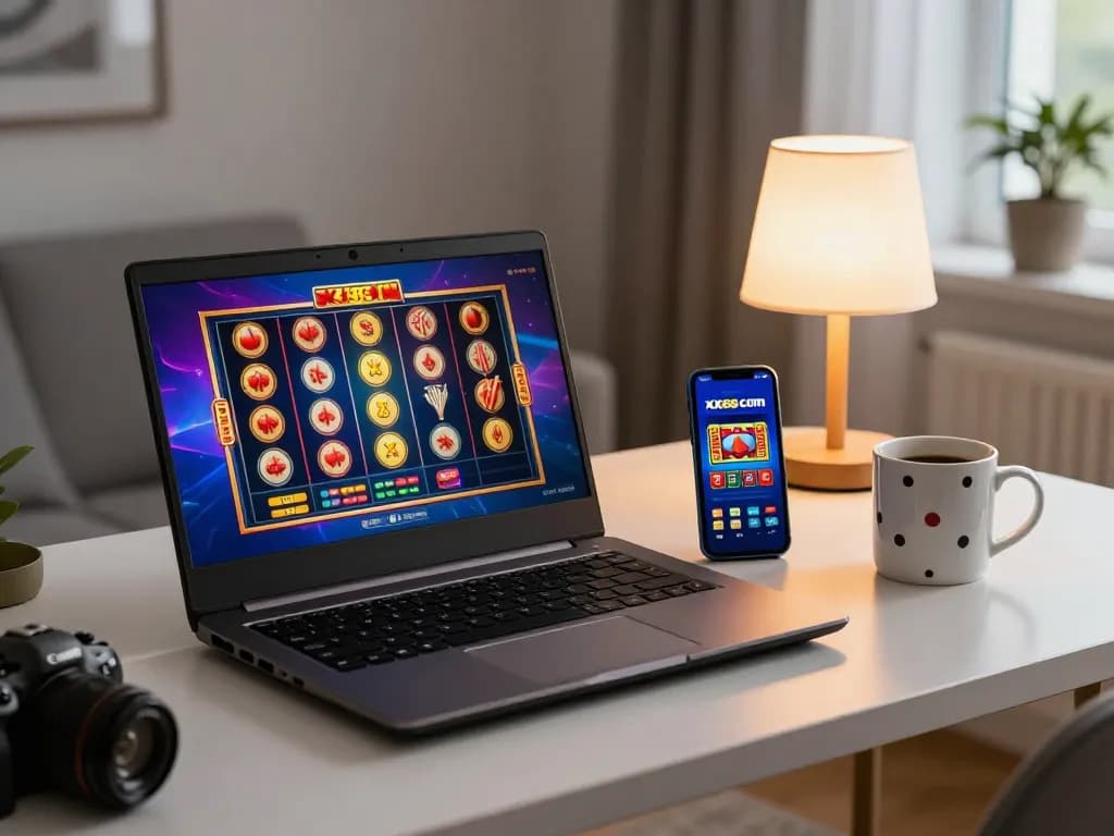 Engaging online gaming setup with xx88 com app displayed, showcasing excitement in a cozy environment.