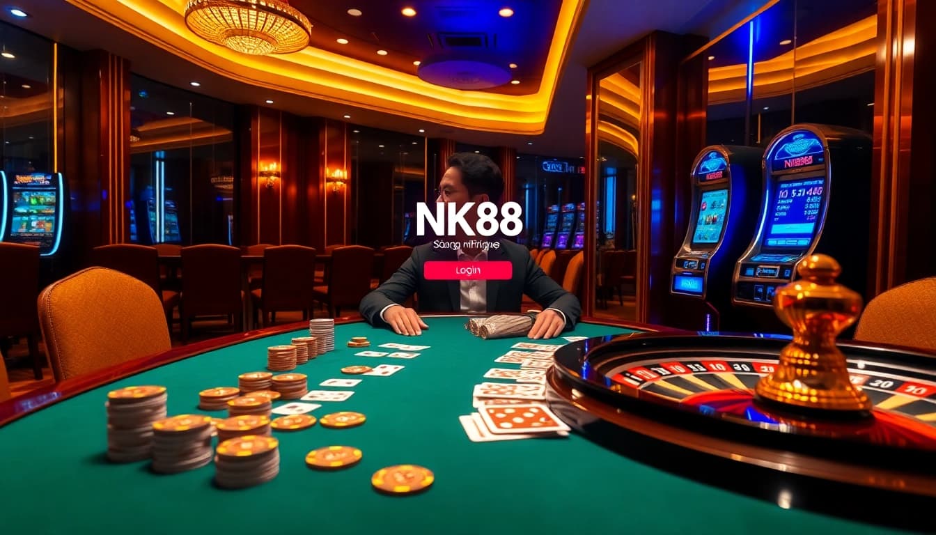 Professional gambler interacting with NK88 đăng nhập digital interface on casino table surrounded by cards and chips