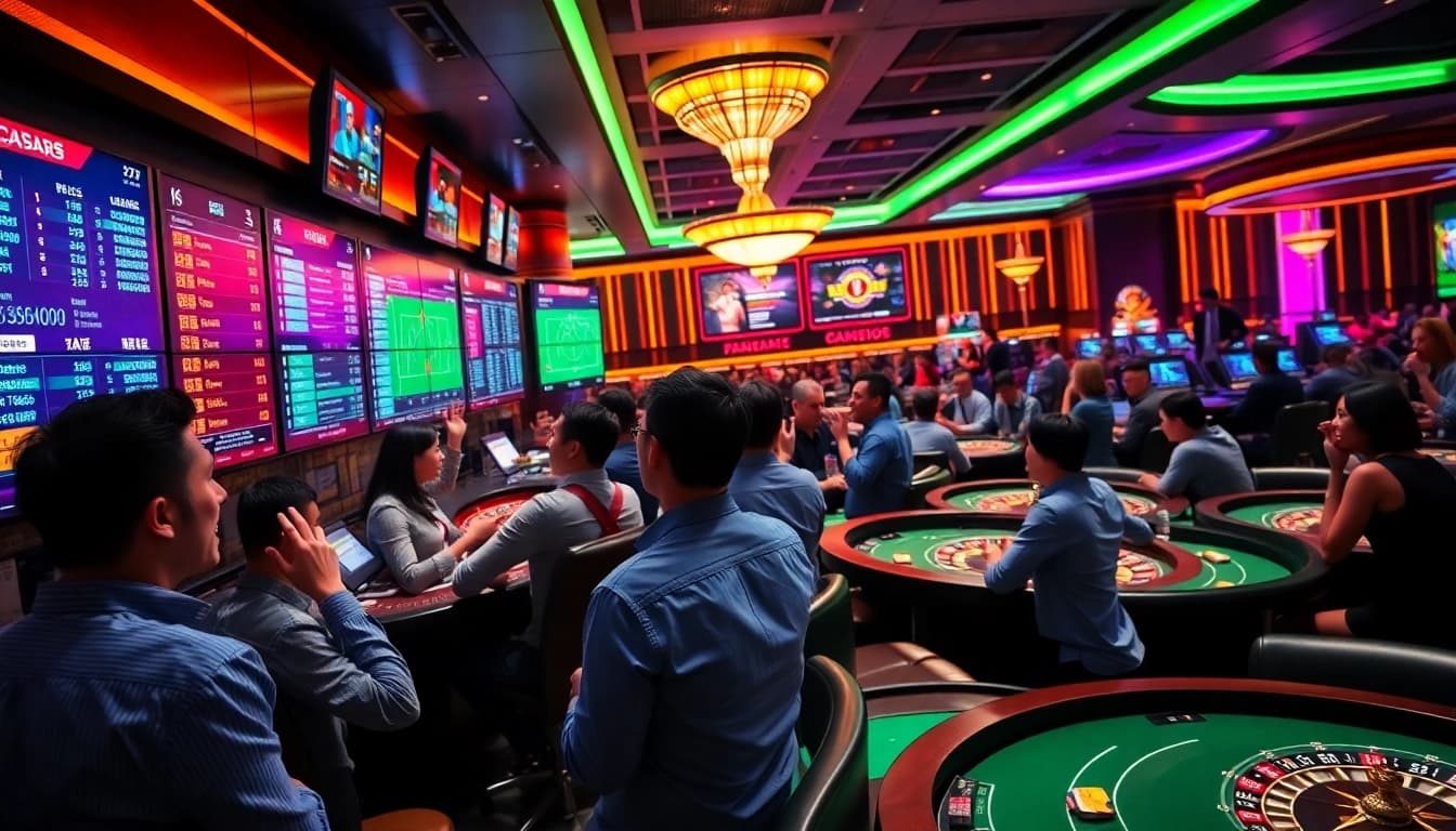 Exciting scene of gamblers placing แทงบอล bets at a modern sportsbook with vibrant digital odds.