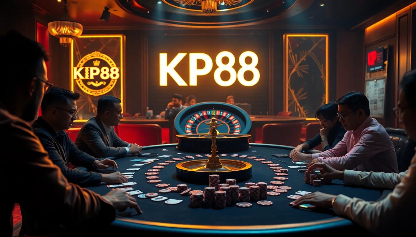 Players strategizing at a KP88 poker table, enjoying thrilling gameplay in a luxurious atmosphere.