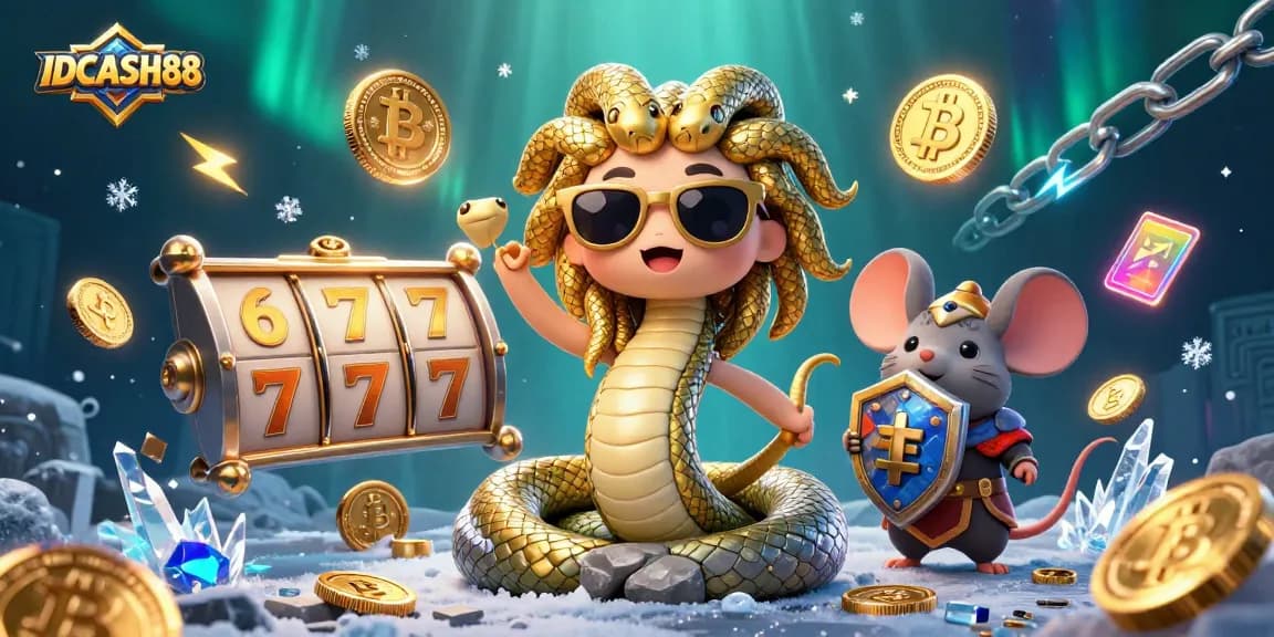Play thrilling slots with IDCASH88, featuring a friendly Medusa and golden coins in a vibrant scene.