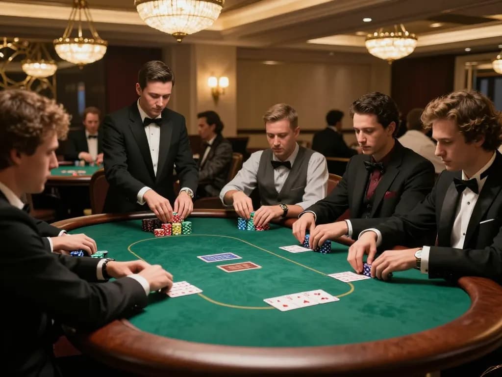 VIPWIN players engaged in a high-stakes poker game, showcasing luxury and strategy.