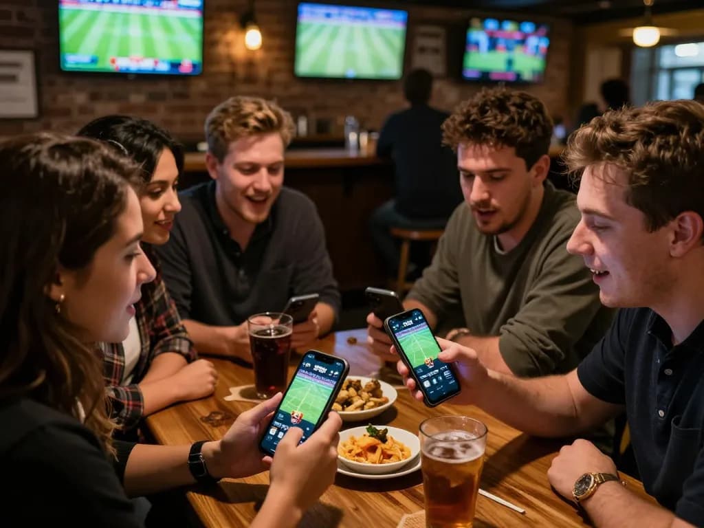 Teman-teman berinteraksi dengan aplikasi SPBO untuk skor olahraga langsung di sebuah bar, menunjukkan kegembiraan taruhan yang instan.