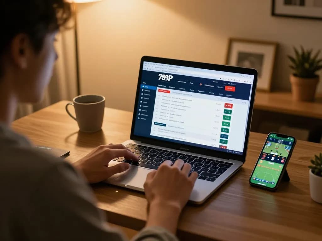 Engaging in online sports betting using the 789P platform on a laptop, showcasing excitement and strategy.