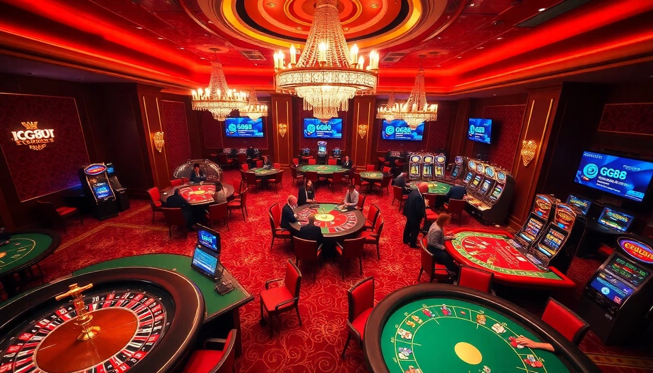 Gambling excitement at https://gg88.biz/ with roulette and slot machines in a vibrant casino.