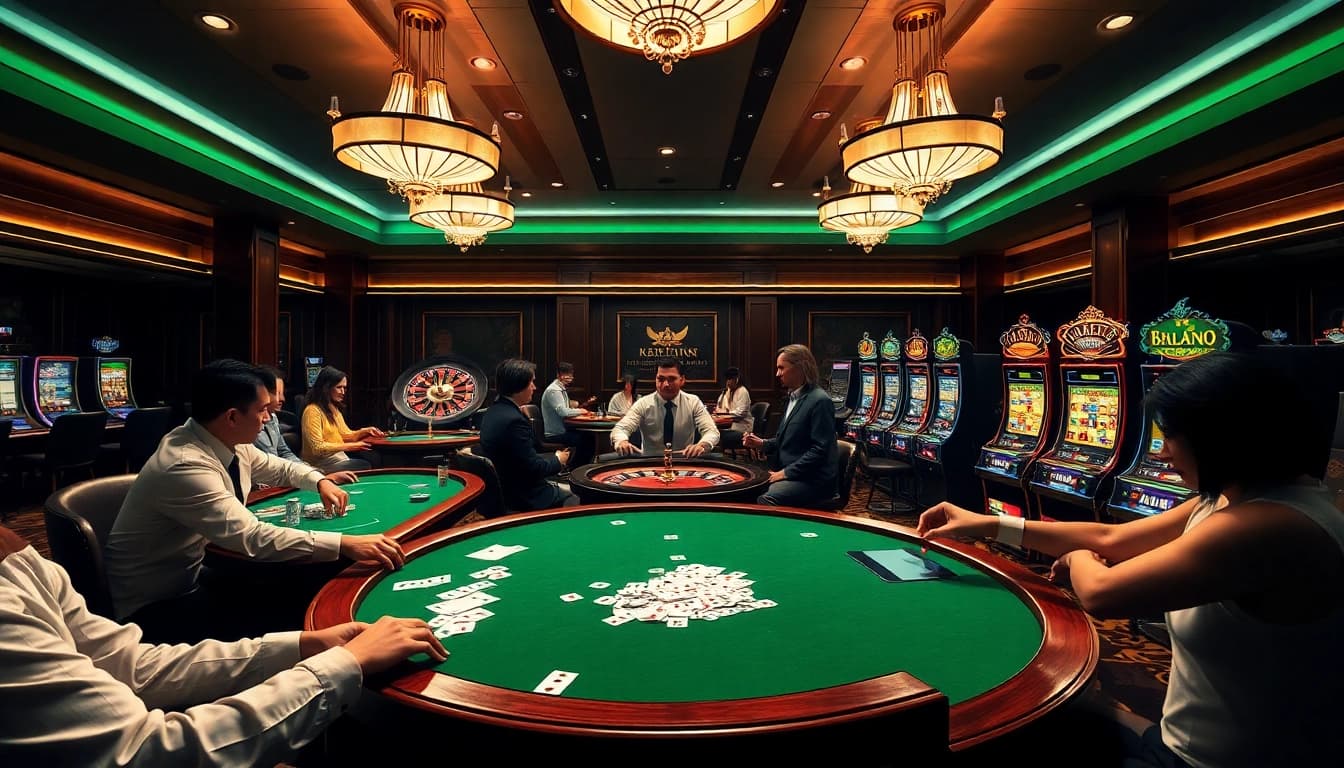 Engage with 58win login on a vibrant casino floor featuring poker and roulette tables.