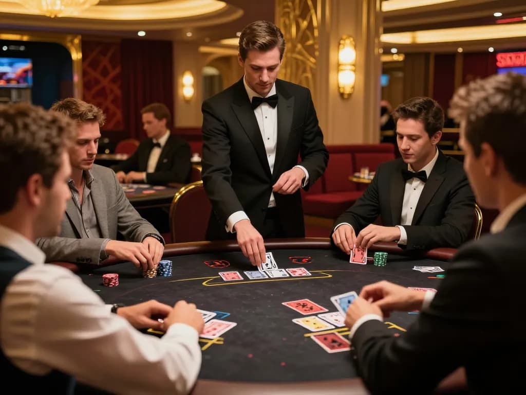 Players strategizing at blackjack table in upscale casino while enjoying rwin experience, dynamic action.