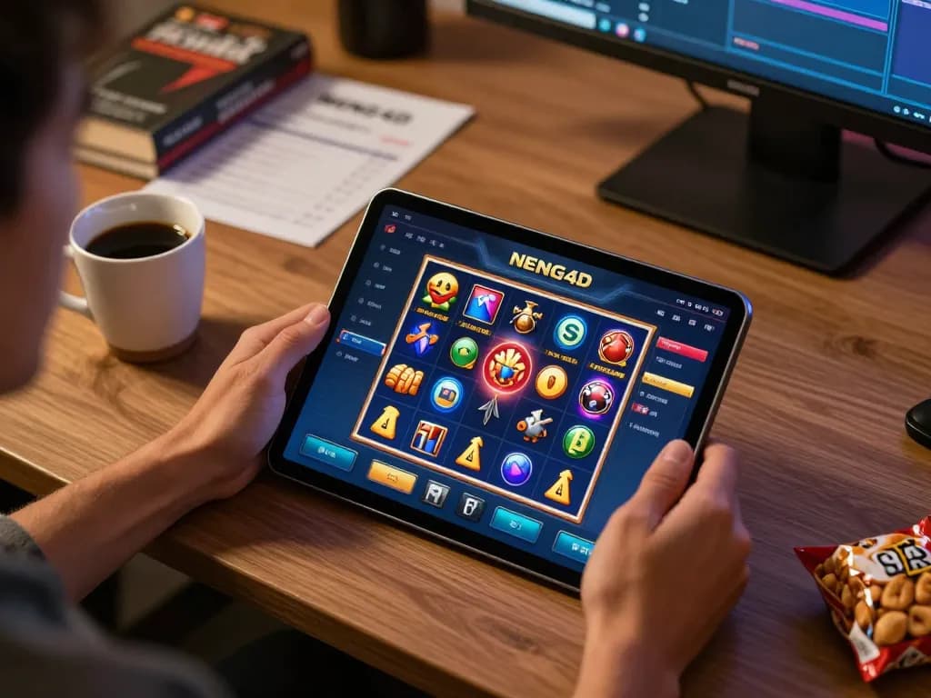 NENG4D player strategizing their next move while using a tablet in a cozy home gaming setup.