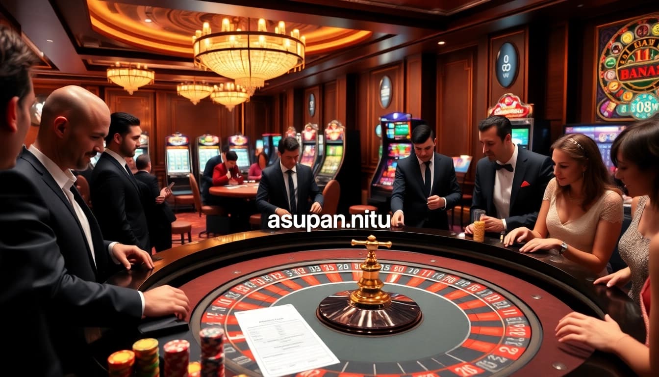 Experience excitement at an elegant casino with asupanjitu betting slips, roulette, and poker chips.