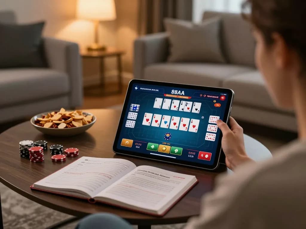 Engaging in 88aa đăng nhập on a tablet while strategizing poker gameplay in a cozy home.