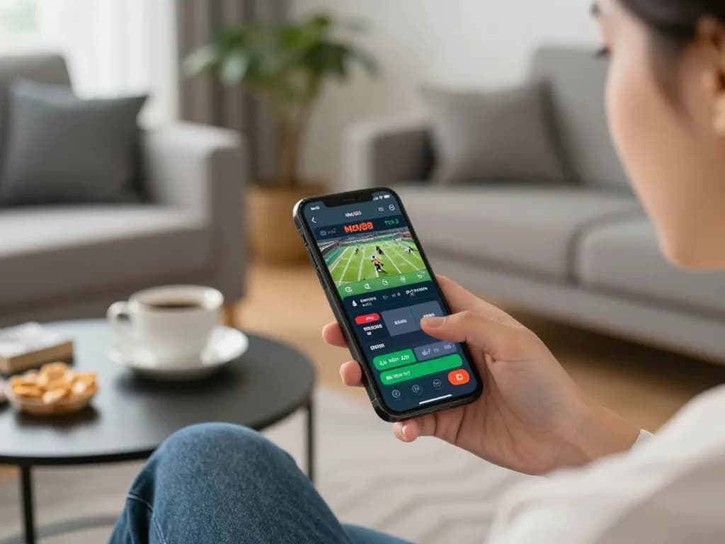 Mobile user engaging with the may88 betting app, showcasing live sports betting action.