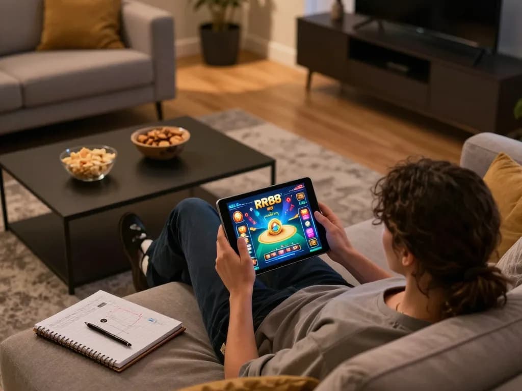 Player engaging with RR88 online casino on a tablet in a cozy living room setting