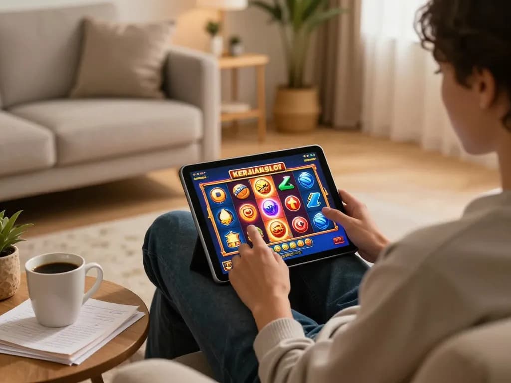 Engaging with kerajaanslot on a tablet in a cozy home setting, illustrating online gambling.