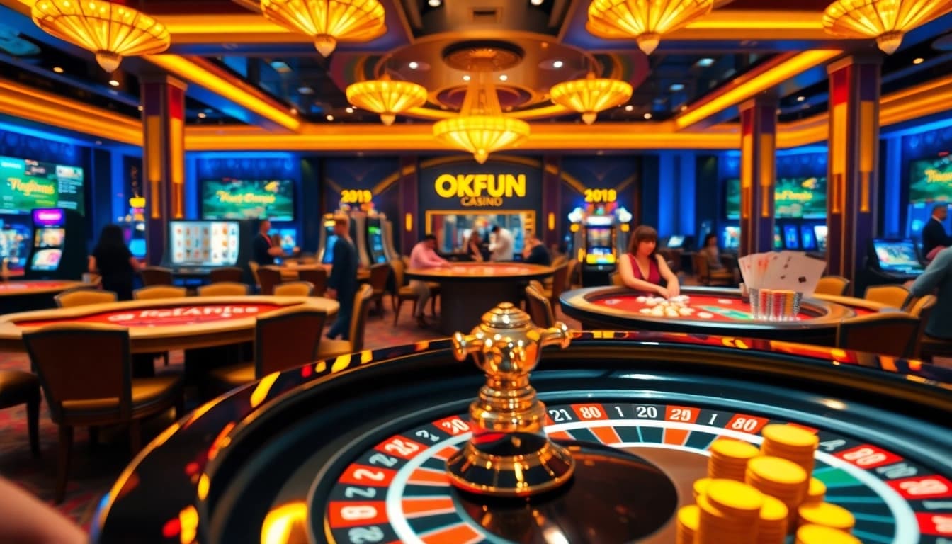 Active players enjoying the vibrant gambling atmosphere at OKFUN Casino with roulette and poker tables.