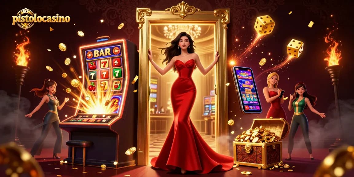 Experience the excitement of pistolocasino with vibrant game elements and a stunning VIP entrance scene.