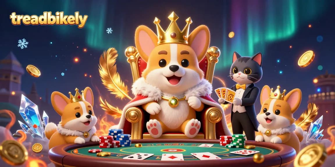 Treadbikely depicts a royal corgi 'dealing' victories at a poker table with dazzling elements.