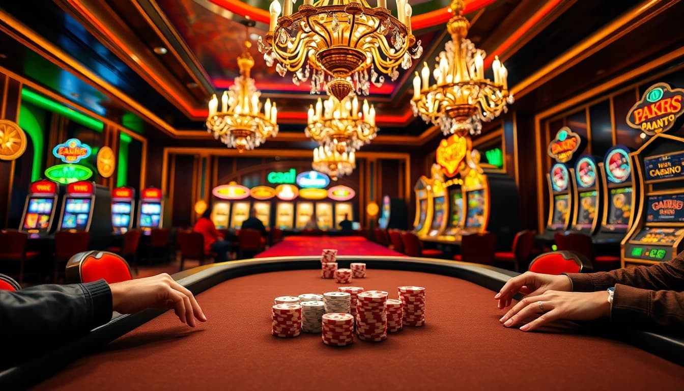Ee88 poker table set in a luxurious casino ambiance filled with vibrant slot machines and chips.