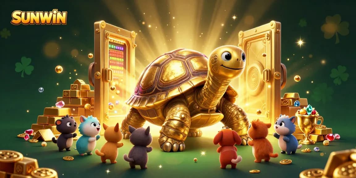 SUNWIN invites players to a thrilling gaming experience with golden treasure and vibrant characters in a dynamic online casino illustration.