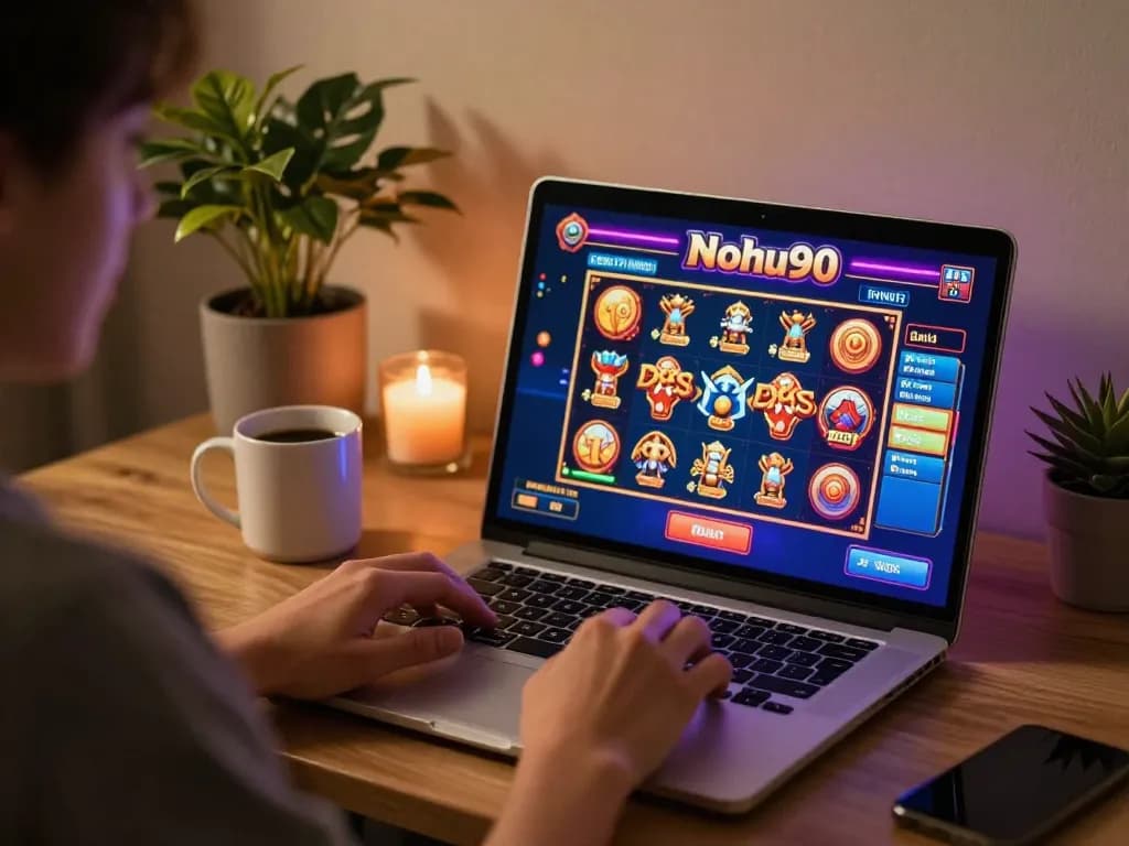 Nohu90 online casino gaming on a stylish laptop with vibrant graphics.