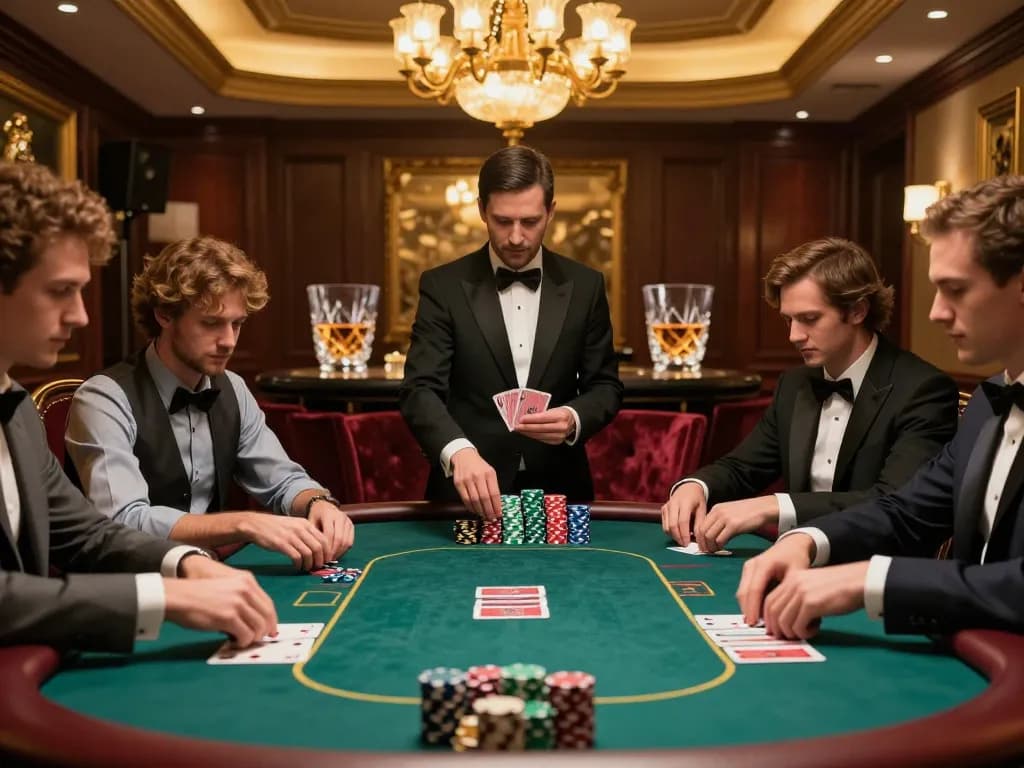 Intense poker action at may88's high-stakes VIP table with colorful chips and elegant decor.