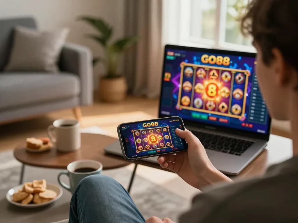 Engaging with GO88 mobile casino app on a cozy home gaming setup featuring vibrant game interface and warm ambient lighting.
