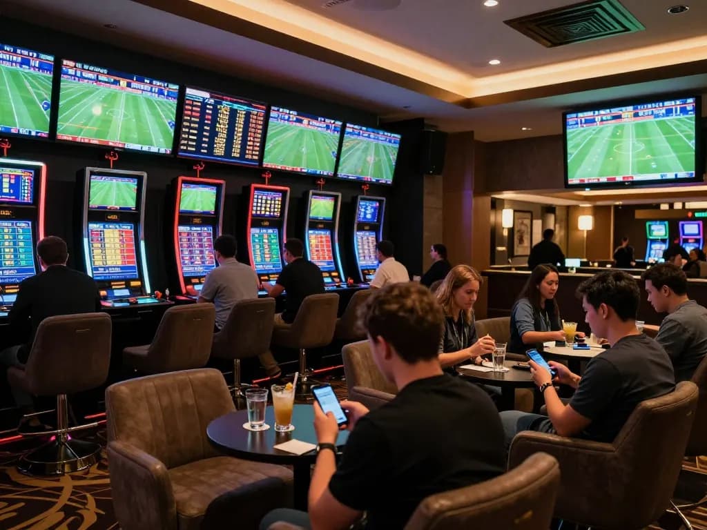 A dynamic scene showcasing bettors analyzing live odds for nhận định kèo nhà cái in a stylish lounge.