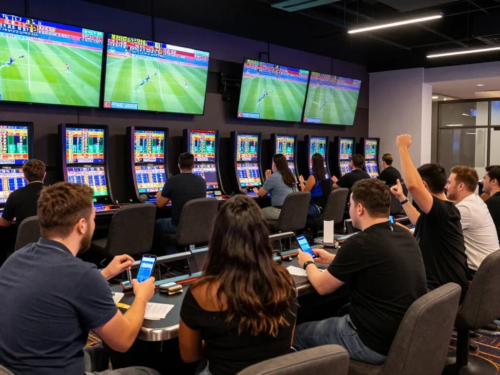 Exciting sports betting at 88aa with bettors analyzing odds on mobile apps and large screens.