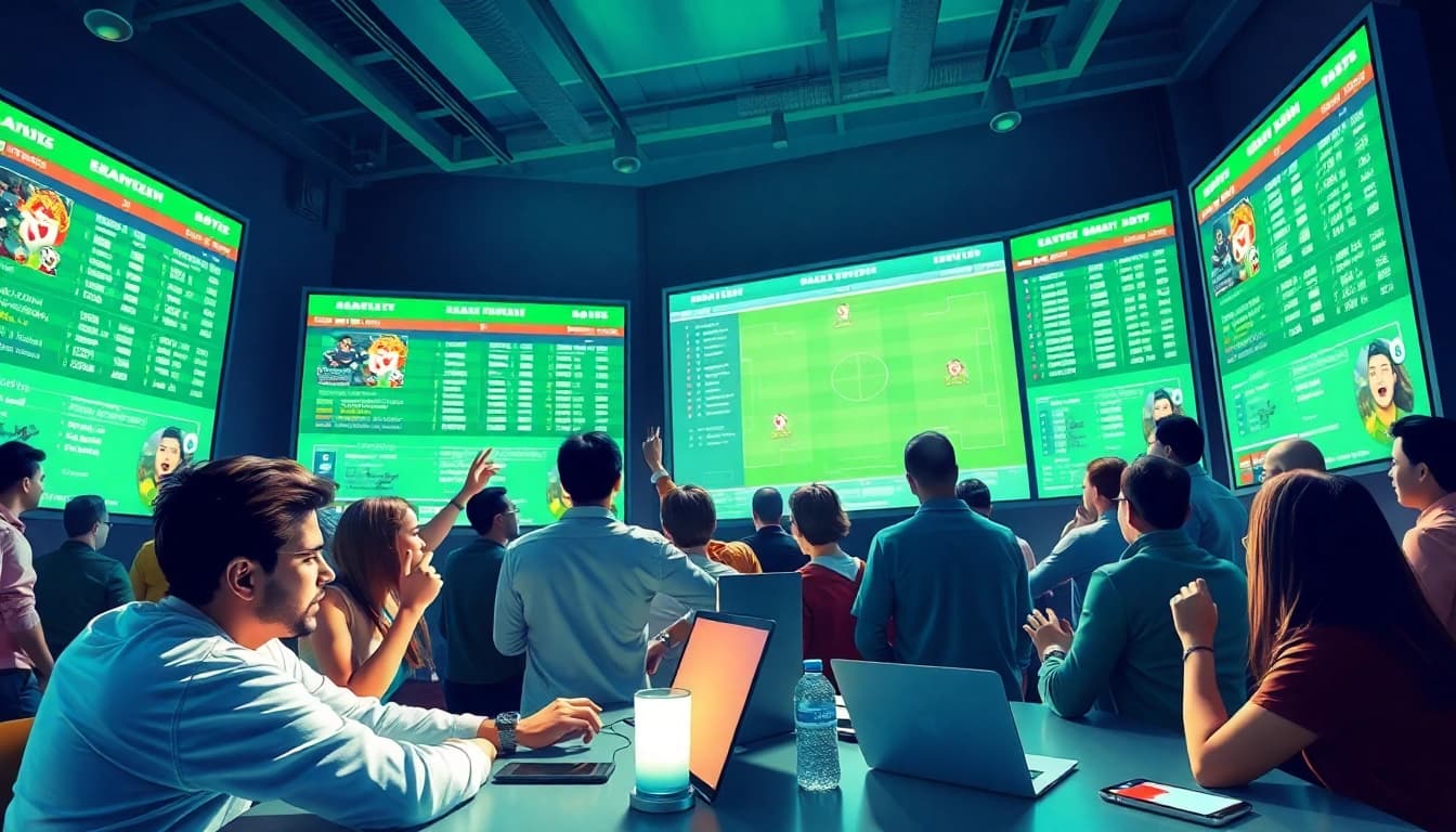 Exciting sports betting scene at https://keonhacai.gold/ with fans engaging in football analysis.