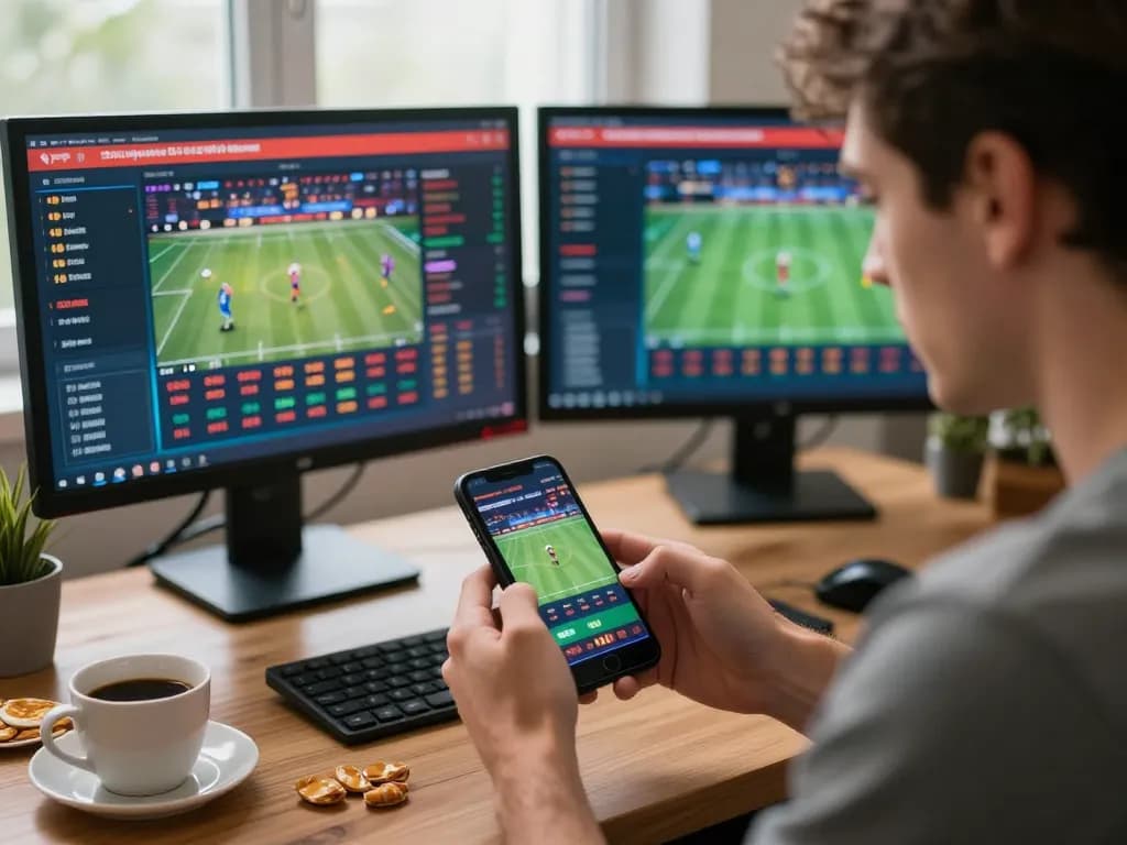Player engaged in mobile sports betting with cucu777 app, vibrant home office setup
