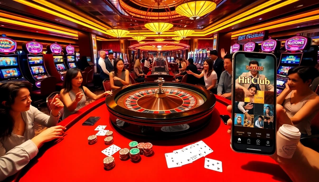 Players engaging in thrilling casino action at https://hitclub9.us.com/, featuring vibrant tables, poker chips, and a spinning roulette wheel.