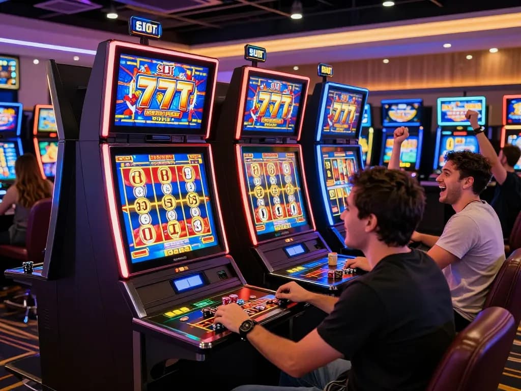 Exciting scene with players engaged in SLOT 777 games at a vibrant casino